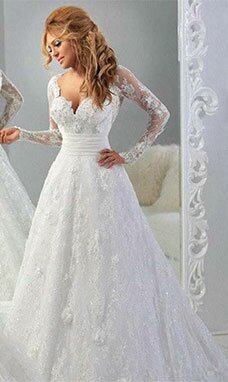 A-line Col en V Manche longue Dentelle