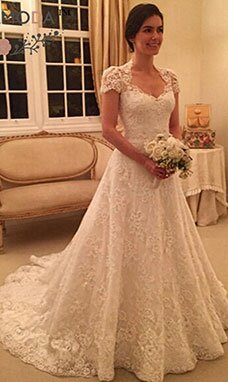 A-line Col montant Manche courte Dentelle