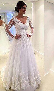 A-line Col en V Manche longue Tulle