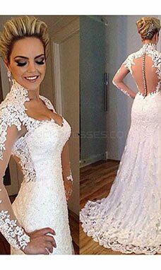 A-line Col en cœur Manche longue Dentelle