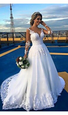 A-line Col U profond Manche longue Dentelle