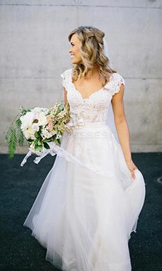 A-line Col en V Sans manches Dentelle