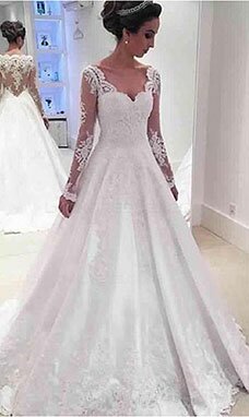 A-line Festonné Manche longue Satin