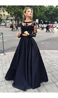 Mode de bal Col bateau Manche longue Satin Robe Mode de bal Col bateau Manche longue Satin Robe